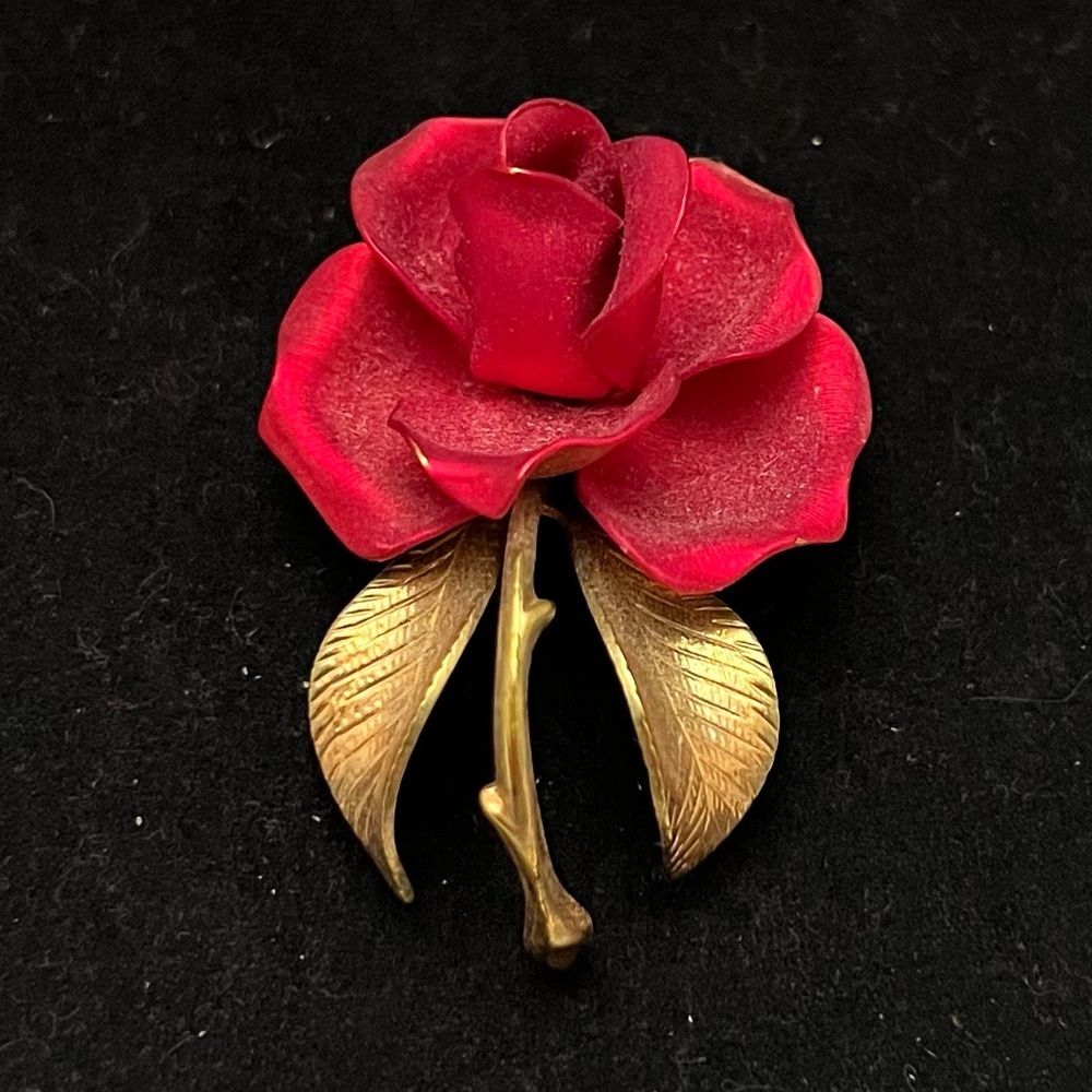 Red Rose Pin Brooch with Gold-Tone Leaves - Women Jewelry